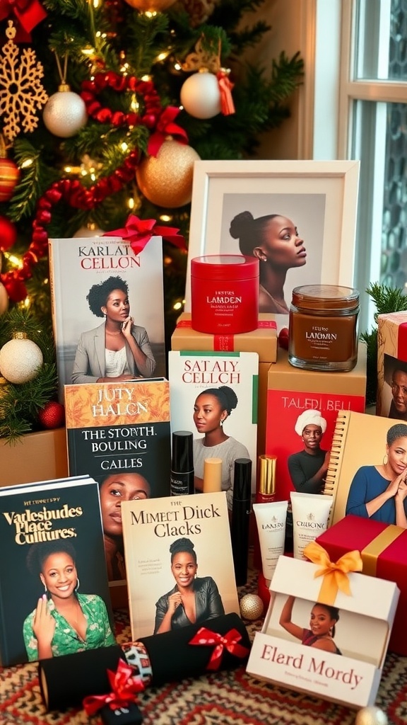 A festive display of Christmas gifts representing Black culture, including books and beauty products.